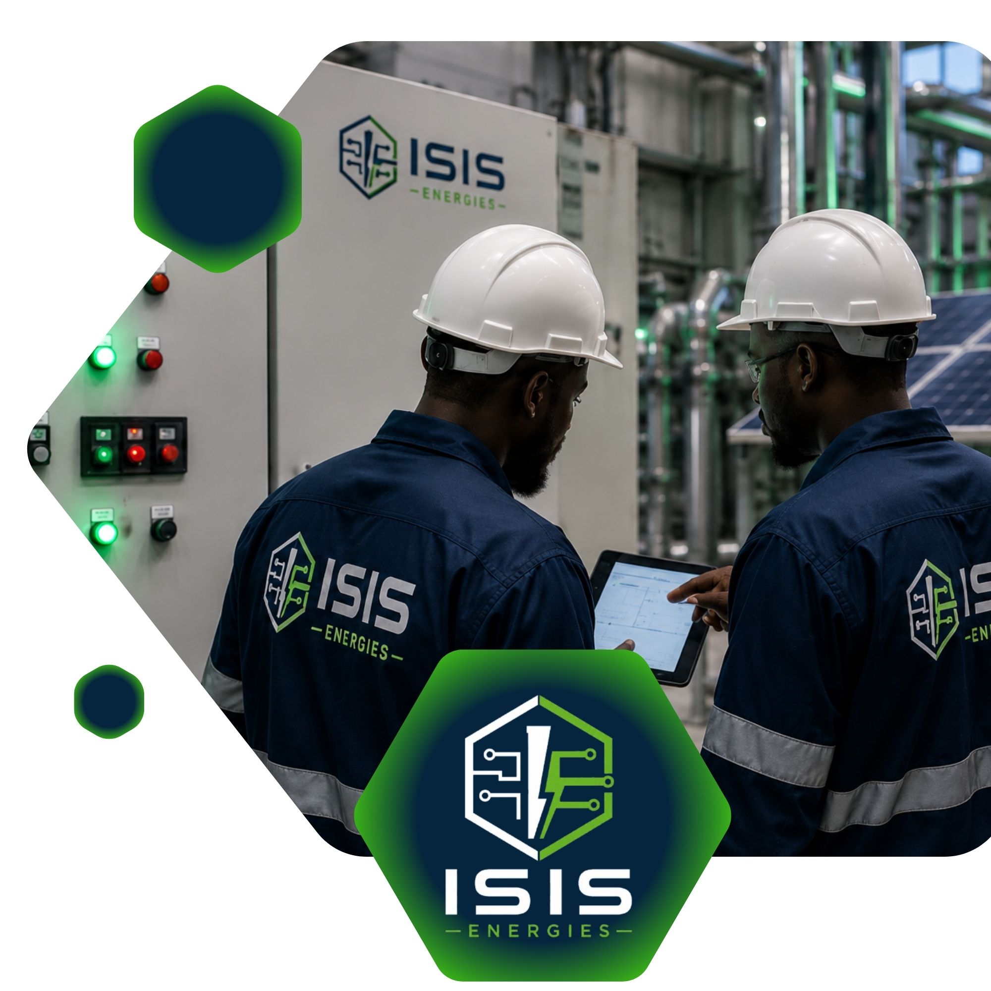 Deux techniciens ISIS Energies sur un site industriel